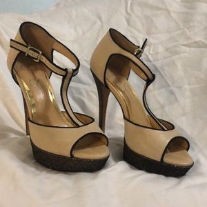 Jessica Simpson Bansi Nude T-strap platform heel.